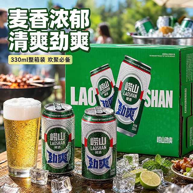 [主图-2] 崂山劲爽啤酒 冰镇畅饮场景展示，突出啤酒清爽口感与聚会氛围。
[统一基调] 国内电商食品酒类主图，清凉绿色调，商业摄影质感，高清清晰，1:1正方形。
[画面] 画面中央展示崂山劲爽啤酒整箱包装，箱子外观、绿色主色调、崂山啤酒字样、劲爽字样、易拉罐图案、品牌Logo与输入图保持完全一致。箱子前方摆放两罐拉开拉环的崂山啤酒易拉罐，罐身挂满冷凝水珠，冰凉感十足。旁边有一杯倒满的啤酒，泡沫丰富细腻，正冒着气泡。背景为夏日户外聚会场景，虚化的烧烤架和冰桶，营造欢聚氛围。产品占画面约60%。
[光影质感] 清凉冷调光线，罐身水珠晶莹剔透，啤酒泡沫有绵密质感，整体清爽冰凉有视觉冲击力。
[配色] 主色调为清爽绿色、白色、啤酒金黄色，绿色为主视觉，金色啤酒液点缀，整体清凉解暑。
[文字版式] 画面左侧主标题"麦香浓郁 清爽劲爽"，粗黑体大字，白色带绿色描边。副标题"330ml整箱装 欢聚必备"放在主标题下方，中号黑体，浅黄色。文字不遮挡产品主体。
[输出要求] 比例1:1，2K高清，产品清晰不变形，文字清晰可读，无水印无平台Logo。禁止出现"正品保证""破碎包赔"等服务承诺字样。禁止出现饮酒动作、诱导饮酒文案。禁止画面模糊、产品变形、颜色失真。