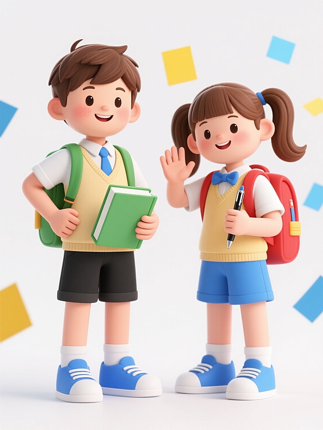 3D卡通风格，两个小学生，男孩棕色短发，穿着米黄色背心、白色衬衫、蓝色领带、黑色短裤、蓝色运动鞋，手持绿色书本；女孩棕色双马尾，穿着米黄色背心、白色衬衫、蓝色领结、蓝色短裤、蓝色运动鞋，手持钢笔，两人均背着书包，男孩绿色书包，女孩红色书包，白色背景，黄色和蓝色方形纸片漂浮，男孩单手叉腰微笑，女孩挥手打招呼，明亮柔和的光影，圆润可爱的造型，高饱和度色彩，无文字信息。