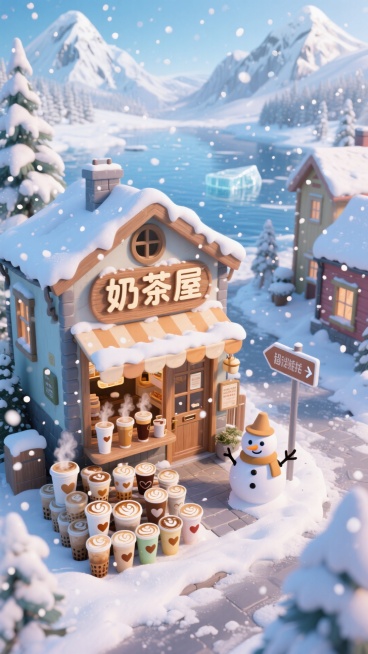 画面以雪天、雪山与冰湖映衬的北欧小镇为背景，中央是一家 “奶茶屋”，鸟瞰镜头，门口堆着各类不同样式（冒着热气的奶茶、带有爱心的卡布奇洛、焦糖味的奶茶）的奶茶，搭配飘落的雪花。奶茶屋旁有个雪人、立着指路预览效果
