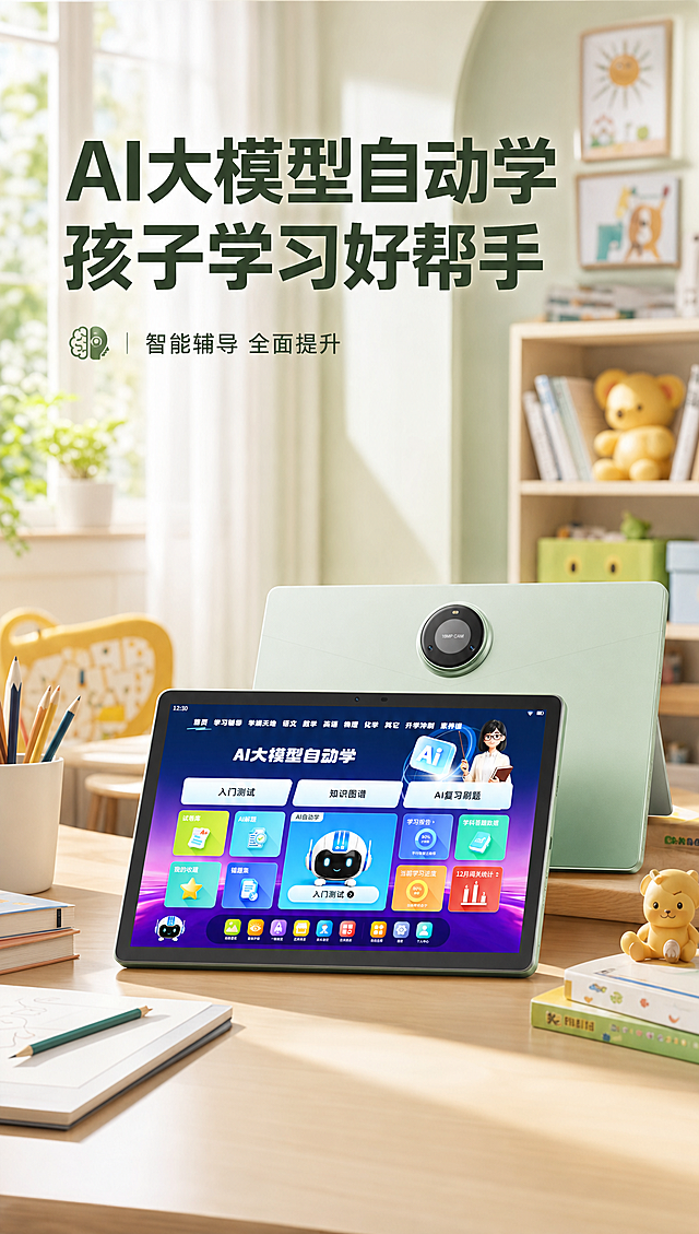 儿童AI学习平板电商详情页首屏场景图，产品放在简约温馨的儿童书桌上，背景是干净明亮的儿童房间，主体突出，高清质感，适配电商详情首屏构图，文案："AI大模型自动学 孩子学习好帮手" "智能辅导 全面提升"