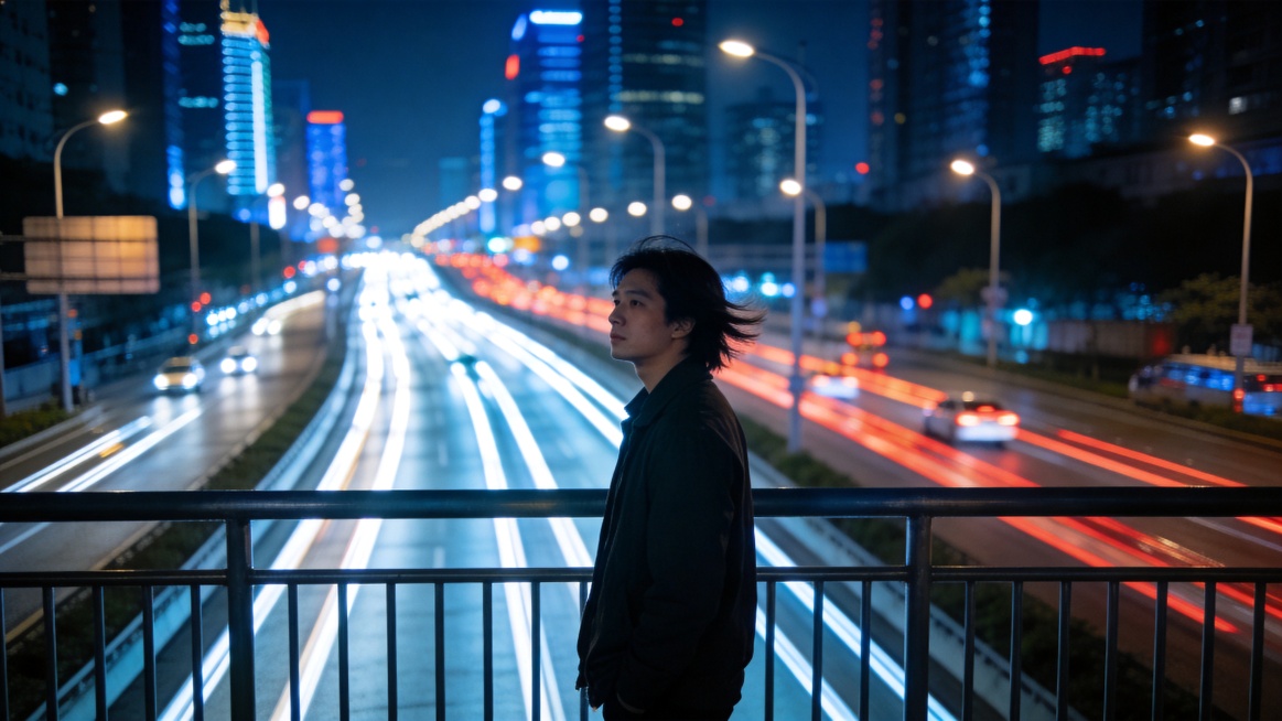 夜晚城市天桥场景，一个二十多岁的亚洲男生独自站在桥上，看着下面川流不息的车流，车灯形成长长的光流像银河一样流动，城市高楼灯光闪烁，男生穿深色外套，头发被夜风轻轻吹动，画面有一点孤独但很安静，冷蓝色夜景预览效果