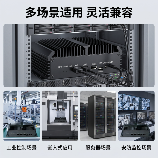 [主图-4] 2U工控机箱适用场景展示，工业制造风。
氛围风格：专业应用场景，体现产品广泛适配性
画质：清晰真实商业摄影，场景自然真实，产品融合度好
元素：上半部分展示工控机箱安装在标准服务器机架中的预览效果