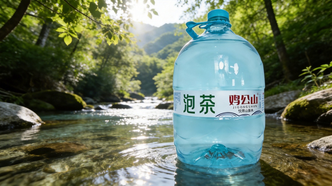 山间泉林取水场景，前景保持原鸡公山泡茶饮用山泉水桶的形状和标签文字不变，背景是绿意盎然的山林溪流，阳光穿过树叶洒在水面上，营造纯净天然的水源地氛围，清新自然，风景优美预览效果