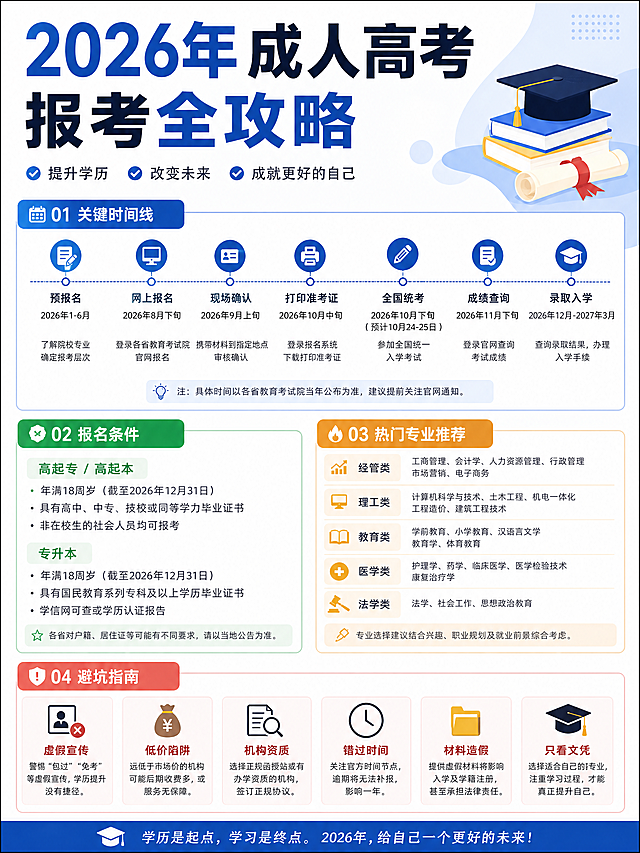 竖版信息图文海报，标题为2026年成人高考报考全攻略，包含关键时间线、报名条件、热门专业、避坑指南内容，整体排版清晰整洁，简约设计风格