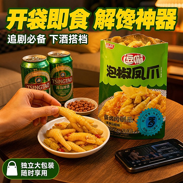 [主图-4] 食用场景图，核心任务是展示方便食用、下酒解馋的使用场景，激发购买联想。
[统一基调] 拼多多风格，大字直白，强食欲感，整体暖亮通透；背景主色为鲜绿色渐变搭配暖木餐桌色；标题字色为亮黄色配深绿描边，强调字用正红色；辅助字色为白色；字体为粗黑体厚重有力；卡片用圆角半透明深绿卡，图标简洁明了。
[画面] 温馨的居家夜宵场景，木质小桌上摆着：一袋拆开的品品逗嘴泡椒凤爪（包装外观与输入图一致，袋口打开，露出里面的凤爪），旁边一个白盘里倒出了五六根凤爪，搭配着两罐冰啤酒、一小碟花生米，还有手机放在旁边，营造追剧下酒的放松氛围。一只手（年轻男性的手，自然放松）正从盘中拿起一根凤爪，动作自然真实。背景是虚化的客厅沙发，暖黄色灯光，氛围温馨惬意。主体占比约60%。
[光影质感] 暖色调室内灯光，柔和自然，食物有光泽，桌面有真实的物品阴影，整体生活感强，像真实的居家随手拍但画质精美。
[配色] 暖木色、暖黄色为主，绿色包装点缀，整体温暖放松，有夜宵解馋的氛围感。
[文字版式] 画面顶部大字标题："开袋即食 解馋神器"，下方分两行小字："追剧必备 下酒搭档"，左下角绿色标签："独立大包装 随时享用"。文字放在画面上方和角落，不遮挡手和食物的互动。
[输出要求] 1:1正方形，场景自然真实，产品包装准确，手部动作自然无畸形，氛围温馨，无水印无平台Logo，禁止绝对化用语。