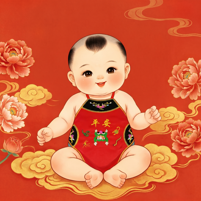 「图片1」「图片1」生成1张百天宝宝穿着图1肚兜、中国风传统年画风格、背景简单1:1预览效果