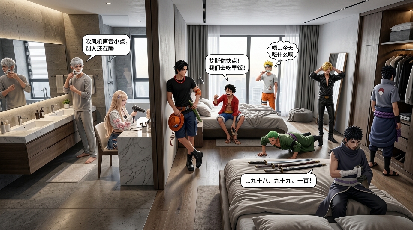 九位人物在现代轻奢大平层公寓的卧室与浴室连通区域的晨起洗漱准备… - 图片创意预览