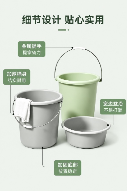 [第3屏] 结构解析屏-水桶水盆套装关键部位细节标注。本屏使用【图1】作为产品主体。
[氛围/风格] 清晰图解风格，专业直观，干净利落。
[元素布局] 产品整体展示在画面中心，用细引线标注出加厚桶身、预览效果