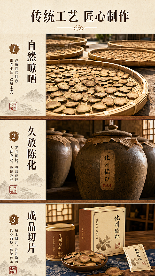 [第3屏] 制作工艺展示-化州橘红传统手工制作工艺介绍。
[氛围/风格] 高端新中式风格，传统古法，纪实人文，古朴厚重。
[元素布局] 采用三图竖排排版，从上到下依次展示：1. 晾晒：新鲜橘红切片自然晾晒；2. 陈化：传统陶缸存放陈化；3. 成品：切片成品包装。三张图片之间用细木纹分隔线分开，左侧文字标注每个工艺步骤。
[光影质感] 暖调柔和自然光，每个工艺场景光影均匀自然，突出手工制作的温度感。
[配色色系] 全局底色：#F7F1E3（浅米宣纸色）；主体配色：#8B5A2B（橘红棕褐）+#A67C52（木质暖棕）；辅助色：#5C4033（文字深棕）。
[视角构图] 竖向三格排版，每个场景占比均匀，文字在左，图片在右，阅读动线从上到下清晰流畅。
[文字版式] 顶部主标题「传统工艺 匠心制作」深棕色居中，三个工艺步骤分别标注：「自然晾晒」「久放陈化」「成品切片」，字色使用深棕色，沿用首屏字体风格，统一纯色填充字效，文字清晰易读。
[比例分辨率] 9:16 竖版比例，4K分辨率，文字清晰可辨，超高清。
[负向提示词] 工业机械感，过度现代化，文字错乱，场景杂乱，产品变形。