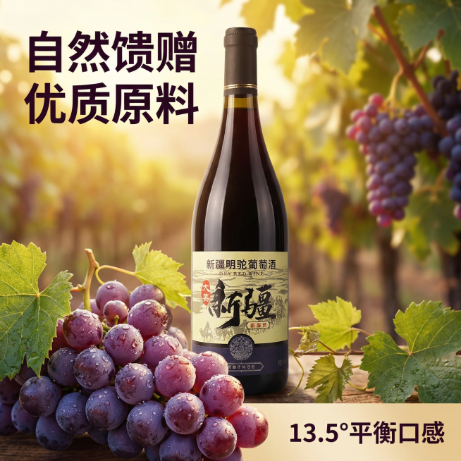 [主图 3] 工艺细节特写图，展示优质酿酒葡萄原料
[氛围/风格] 微距质感，自然真实，突出优质原料的细节纹理
[画面元素] 保持葡萄酒瓶主体位置不变，酒瓶放置在画面中下区域，前景放置一串新鲜饱满的紫预览效果