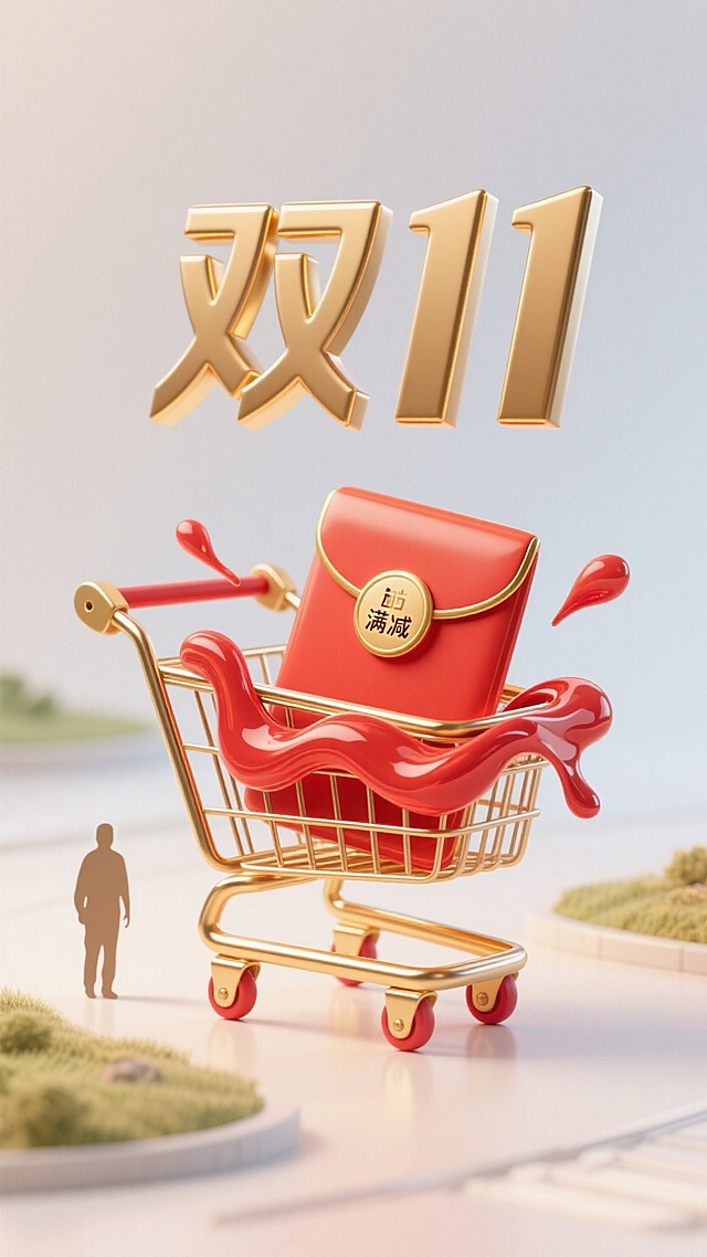 3D微缩艺术风，鎏金购物车承载液态红福袋，喜庆满减元素跃动，促销氛围浓郁。
