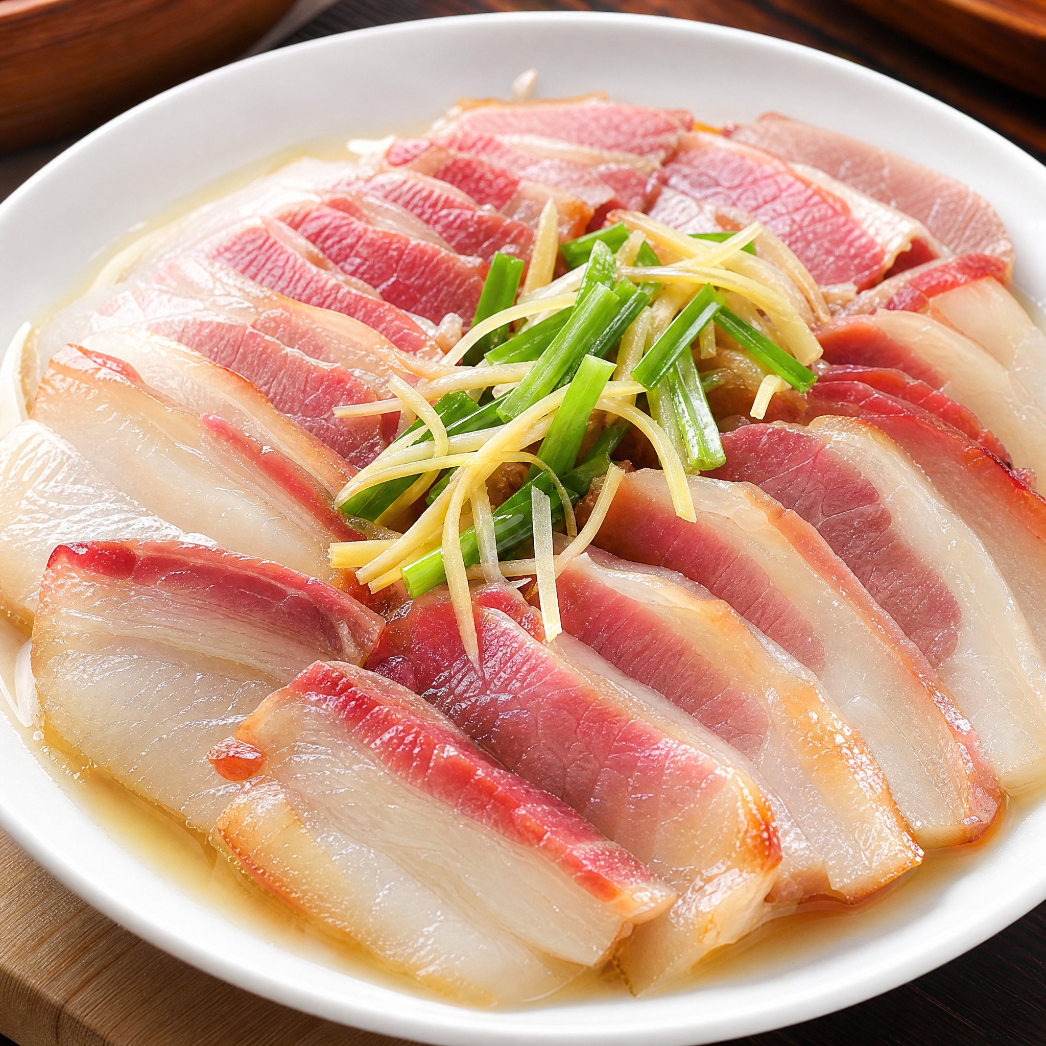 清蒸南风肉成品特写，白色圆盘中整齐摆放晶莹剔透的南风肉薄片，肥… - 图片创意预览