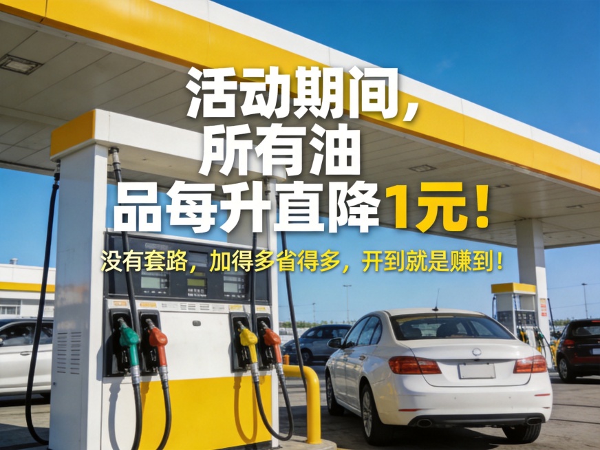 加油站促销海报，醒目标题 "活动期间，所有油品每升直降1元！"，下方配文"没有套路，加得多省得多，开到就是赚到！"，现代简约促销风格，明亮醒目，4:3比例，燃油汽车加油站场景预览效果