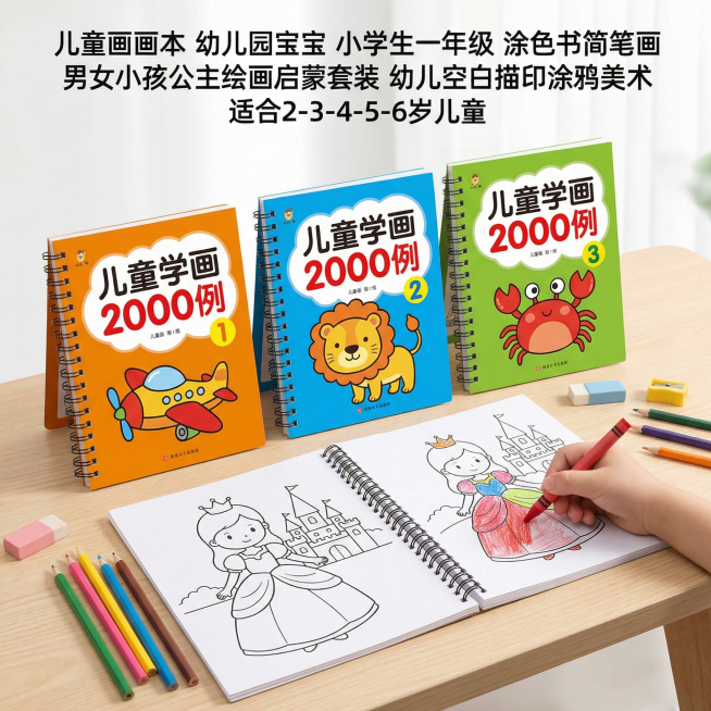 儿童画画本电商主图，一张书本平放在桌面打开，保留儿童手部握蜡笔绘画的姿势，另外三本不同颜色封面（橙色、蓝色、绿色、粉色选三本）站立在打开书本后方展示封面，产品卖点：儿童画画本，幼儿园宝宝，小学生一年级预览效果