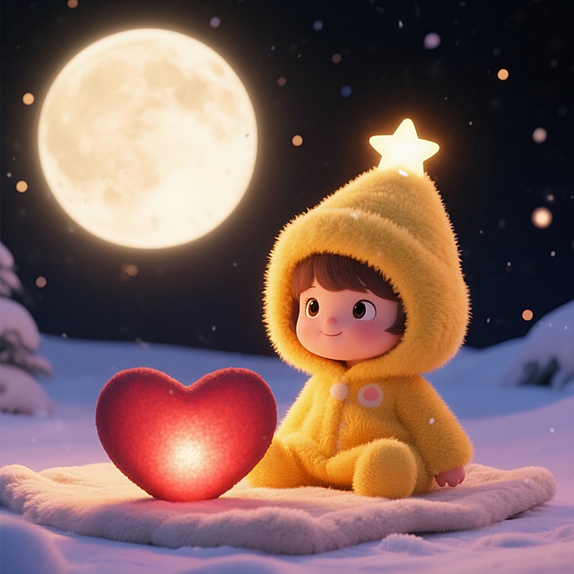 夜景，一个穿着有三角桶状帽子的黄色毛绒睡衣的女婴儿，帽子的最顶部有一个亮着的大星星，星星在黑夜里闪耀着光芒，小女孩前面放着冒着热气的火锅，小女孩和火锅是主视觉，天空有一个巨大的毛绒月亮在闪耀，雪地上铺着毛绒毛毯，十分柔软，女婴儿坐在毛毯上，光照在女婴儿脸上画面十分和谐美好，治愈，女婴儿温柔的看向月亮