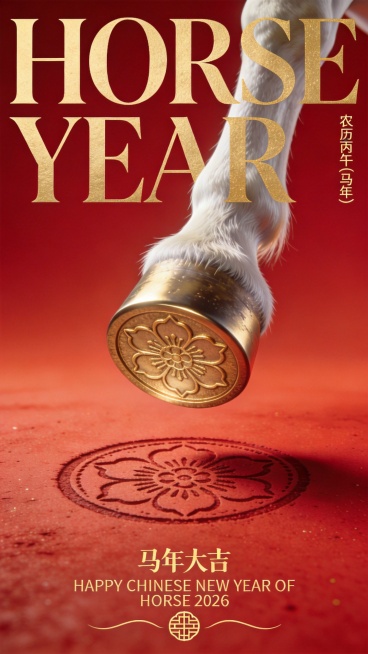 极简主义红金时尚3D超写实的海报风格。画面顶部背景上横向书写巨大的、金色粗体衬线英文标题“HORSE YEAR”与主体形成穿插关系，字体占据画面宽度的80%，具有高端杂志排版质感。旁边简单装饰小字“农预览效果