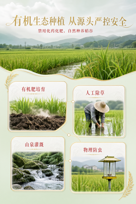 [第6屏] 有机种植｜生态田间无农残种植
主标题：有机生态种植 从源头严控安全
副标题：禁用化药化肥，自然种养稻谷
排版：顶部通栏稻田大图，下方2×2错落四宫格，卡片金线条串联间隙。
设计：嫩薄荷绿渐预览效果