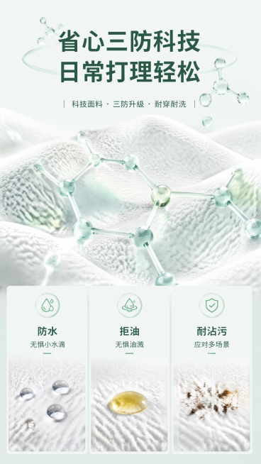 [第4屏] 面料工艺页，展示本款白色Polo衫的透气肌理面料细节。本屏使用【图1】提取面料信息。
[标题版式] 顶部大标题，玻璃质感分子图形装饰，文字与图形结合设计。
[氛围/风格] 科技感简约风，浅预览效果