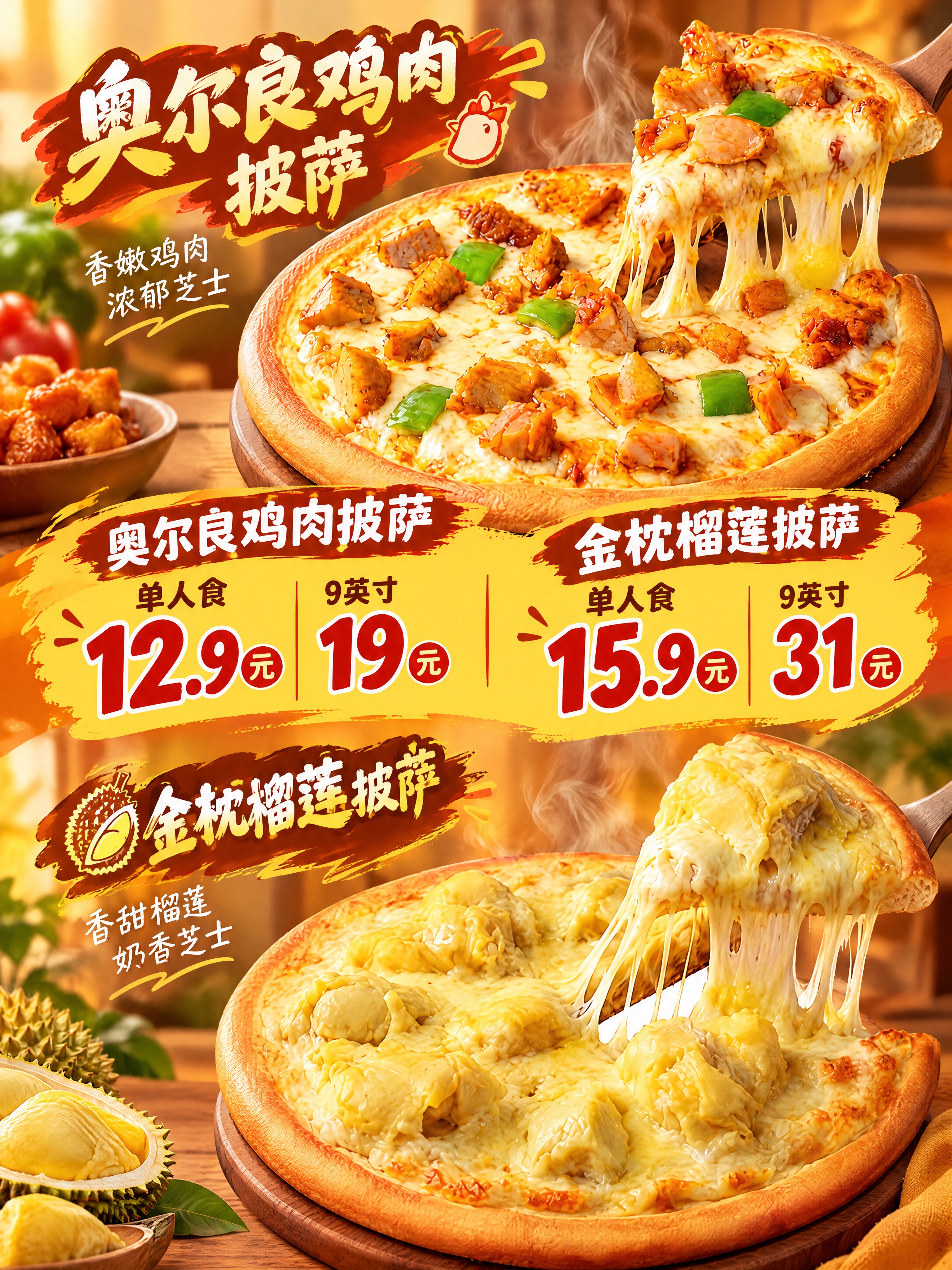 披萨美食促销海报，竖版构图，画面上方展示诱人的奥尔良鸡肉披萨（… - 图片创意预览