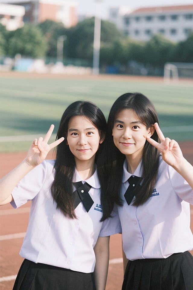 清新校园实景，少女动漫风微笑，阳光洒满青春记忆。