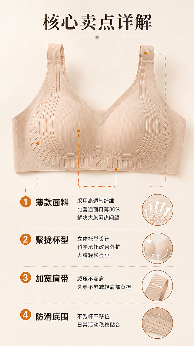 继续按照「图片1」「图片1」这2张图的风格设计，用这个产品「图片1」生成一张内衣的详情页，尺寸为9：16的，文案参考：核心卖点详解，结合产品细节图，分点讲解（如面料、杯型、肩带、底围设计），对应解决痛点，突出“大胸显小”的原理，展示工厂工艺优势，如“薄款面料：采用高透气纤维，比普通面料薄30%，解决大胸闷热问题”“聚拢杯型：立体托举设计，