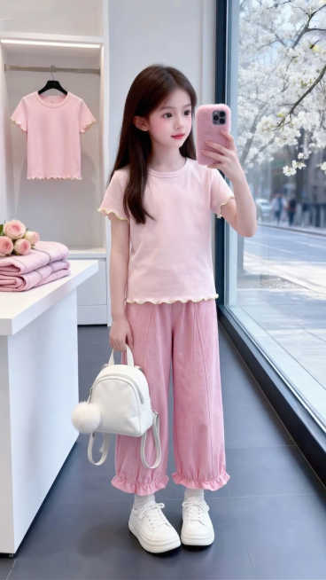 用图1短袖和裤子替换掉图2的模特身上穿的衣服裤子和模特手里衣架上挂着的衣服，保留原场景光影，保持图2的人物的五官和发饰不变，姿势不变，拍摄角度不变，模特的朝向不变，背景不变，图片宽高尺寸不变，保持图预览效果