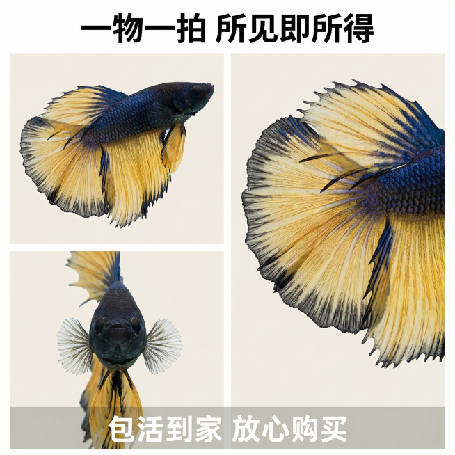 [主图 3] 芥子斗鱼多视角拼主图
[氛围风格] 真实展示风格，中国风简约水族
[画面元素] 商业摄影质感，光线均匀通透，产品清晰真实，画面干净。采用九宫格布局放置三张不同视角斗鱼实拍图，展示完整鱼身预览效果
