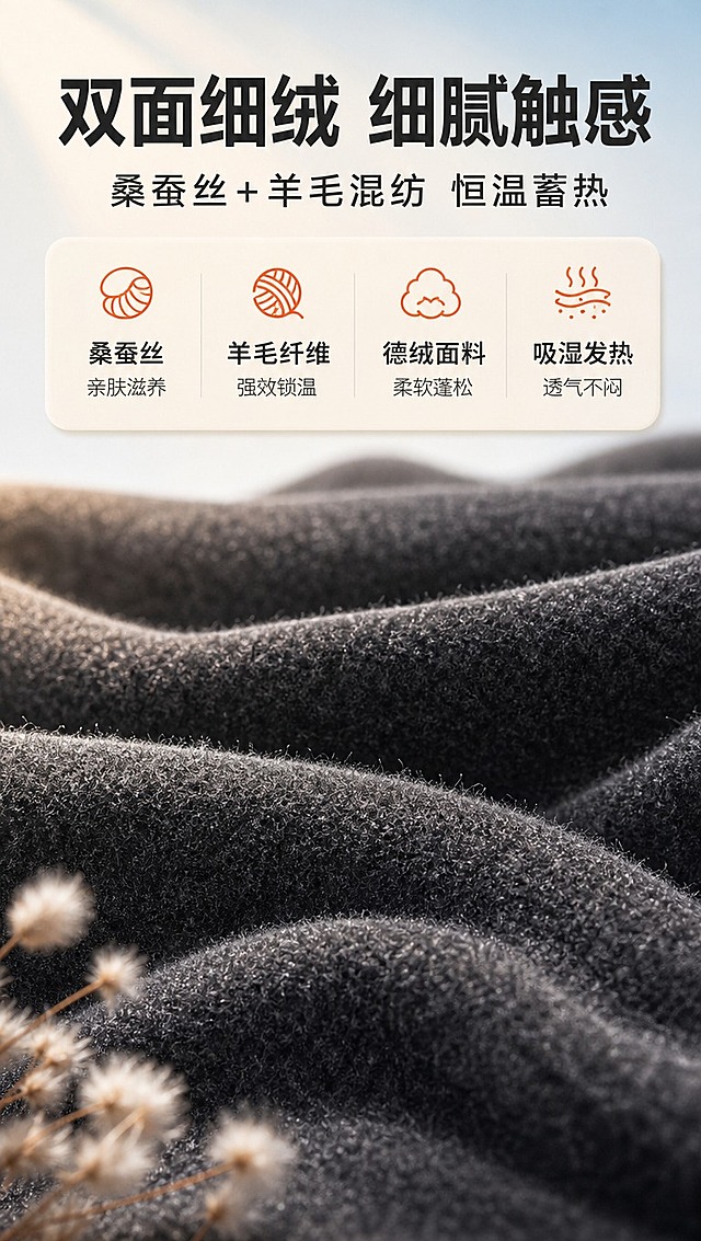 [商品] 使用【图2】男士德绒保暖裤面料细节；保留双面细绒材质、深麻灰色、绒面纹理；增强面料绒毛质感和层次感，不改变材质外观。
[画面] 目标：面料卖点解析，突出双面细绒触感。构图：上半部分文字区，下半部分大面积面料微距特写，面料呈自然波浪褶皱形态。主体占画面70%。前景点缀面料绒毛细节，中景面料主体，背景浅蓝渐变烘托清爽感。
[视觉] 套系策略：风格=国内电商暖调高级商业摄影；标题字=粗黑无衬线简体中文；正文字=常规无衬线简体中文；主色=深炭灰+暖棕；背景延展=基于暖棕、米灰做深浅层级、同色渐变和细腻织物/木纹质感；强调色=暖橘红，仅用于小面积图标、引线和标签；标题色=深炭灰；正文色=中暖灰；组件=圆角暖底信息卡、细线引线、暖光光晕；光影=左前侧暖柔光，柔和阴影。
[文字] 上方主标题「双面细绒 细腻触感」，副标题「桑蚕丝+羊毛混纺 恒温蓄热」，下方4个卖点图标+文字：「桑蚕丝 亲肤滋养」「羊毛纤维 强效锁温」「德绒面料 柔软蓬松」「吸湿发热 透气不闷」。文字横向排版，不遮挡面料细节。
[规格] 图片比例9:16竖版，4K分辨率，medium质量。避免变形、错字、文字过小、冷蓝背景、材质改变、模特、人物。