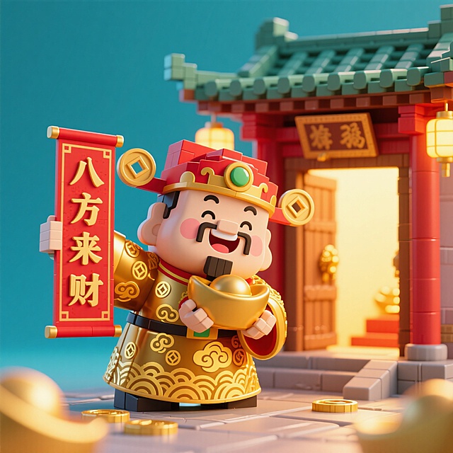 财神爷，背景是财神庙，手里拿着“八方来财”对联，暖色系背景