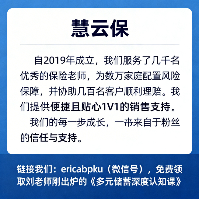 金融保险宣传方图，画面顶部显示品牌名"慧云保"，主体文字介绍："自2019年成立，我们服务了几千名优秀的保险老师，为数万家庭配置风险保障，并协助几百名客户顺利理赔。我们提供便捷且贴心1V1的销售支持。预览效果