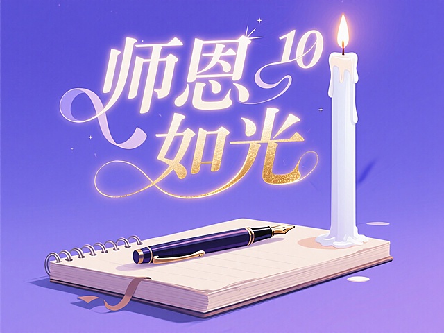 梦幻插画风，大字“师恩如光”闪耀，烛光与书本营造温馨教师节氛围。
