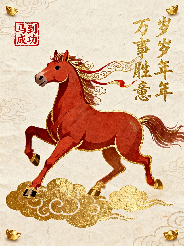 国潮插画风，红马踏金云，鎏金浮雕质感，融合中式古典元素与喜庆氛围，传递岁岁年年万事胜意的吉祥寓意。