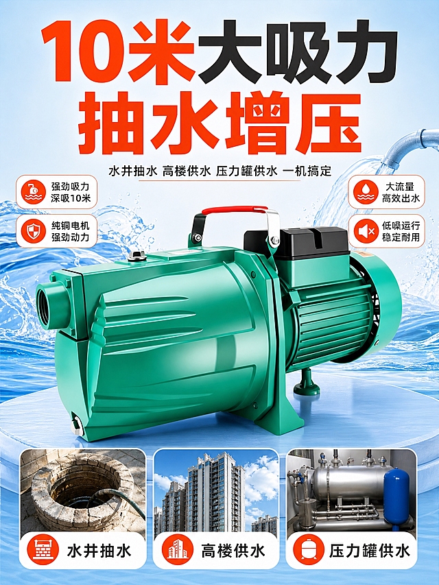 [商品] 使用【图1】绿色自吸喷射泵；保留泵体绿色外壳、红色提手、黑色电机盒、进水口螺纹、散热鳍片、底部支撑脚等全部结构、颜色和材质；产品精修，表面干净无划痕油污，边缘清晰。
[画面] 页面目标：专业头图海报，建立产品第一印象，突出10米大吸力核心利益。构图：上下结构，顶部大标题区+中部产品主体+底部三大场景图标条。产品位于画面中心偏下，占比约55%，微仰视角度，产品完整不切割；背景融入水流喷射、水管、水花元素，营造抽水增压动力感；背景为浅蓝到白色渐变，干净明亮。
[视觉] 套系策略：风格=拼多多大字直白商业摄影风；标题字=粗黑大字；正文字=简洁黑体；主色=浅蓝+绿色；背景延展=基于浅蓝做深浅渐变、水流纹理和干净台面质感；强调色=橙红色，仅用于主标题、重点标签和图标点缀；标题色=橙红色/深灰；正文色=深灰色；组件=圆角信息卡、粗体大字标题、图标+短句卖点条；光影=左前侧明亮柔光，产品高光清晰，质感强。
[文字] 顶部超大粗黑橙红色主标题"10米大吸力 抽水增压"，副标题"水井抽水 高楼供水 压力罐供水 一机搞定"；中部产品两侧各2个短卖点标签；底部通栏三个场景图标+文字："水井抽水""高楼供水""压力罐供水"。文字全部横排，层级清晰，不遮挡产品主体关键部位。
[规格] 图片比例3:4竖版，2K分辨率，避免变形、错字、文字过小、杂乱背景、水印、平台Logo、绝对化用语。