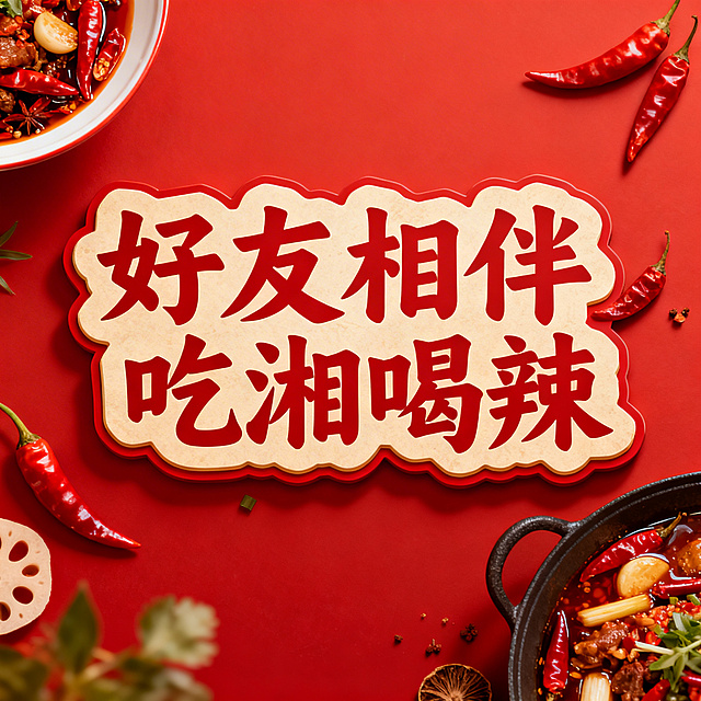 设计一张美食宣传图，包含异形创意文案，文案内容为"好友相伴 吃湘喝辣"，文案做不规则异形设计，红色喜庆湘菜风格背景