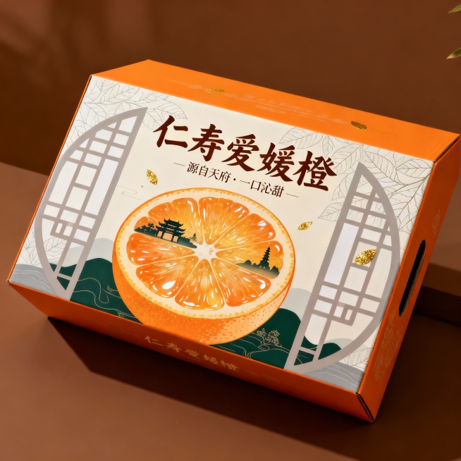 设计一款高端的新中式风格水果包装礼盒，主要针对仁寿爱媛橙。使用柔和的日落橙作为主色调，搭配米白、浅灰以及墨绿或靛蓝作为辅助色，并用金色进行点缀以提升质感。正面中央放置一个手绘风格的爱媛橙剖面图，突出果预览效果