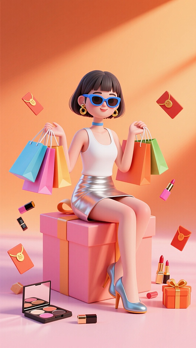 短发女性，戴蓝墨镜、金耳环，穿白背心、银短裙、银高跟鞋，坐粉橙相间礼盒上，手持多色购物袋。周围散落红包、口红、眼影盘、小礼盒等元素，橙色渐变背景