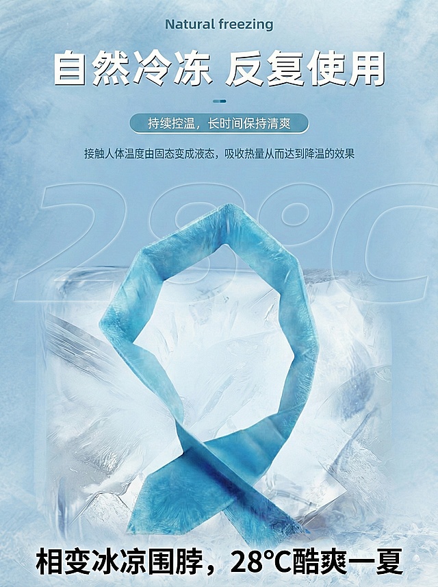 在图2底部添加白色加粗文字“相变冰凉围脖，28℃酷爽一夏”，保持原图片其他内容不变