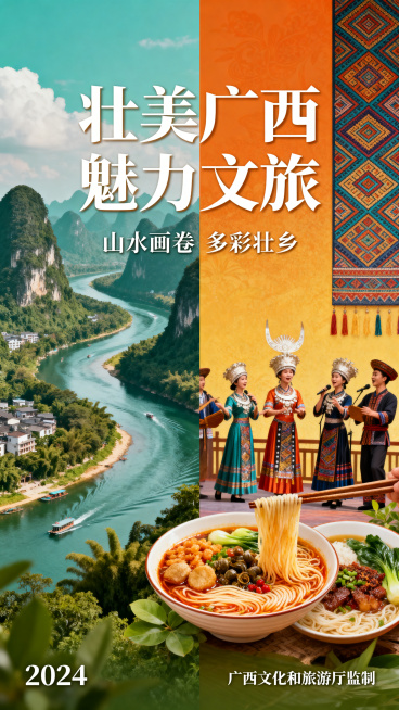 广西文旅推广海报，展现广西特色文旅元素，整体设计协调，适合推广使用预览效果