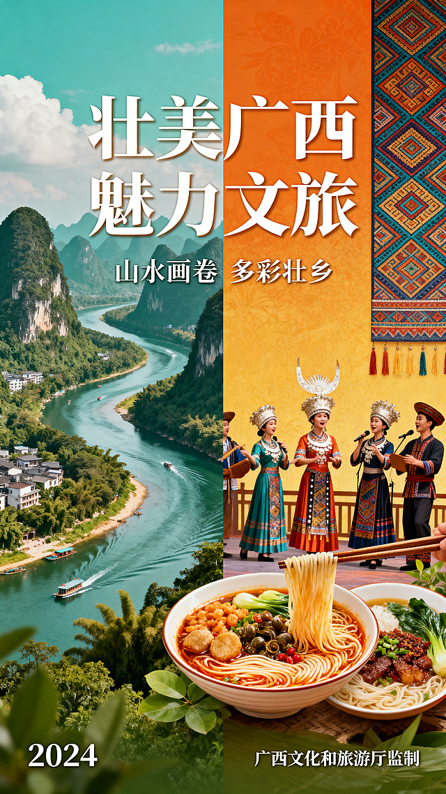 广西文旅推广海报，展现广西特色文旅元素，整体设计协调，适合推广使用