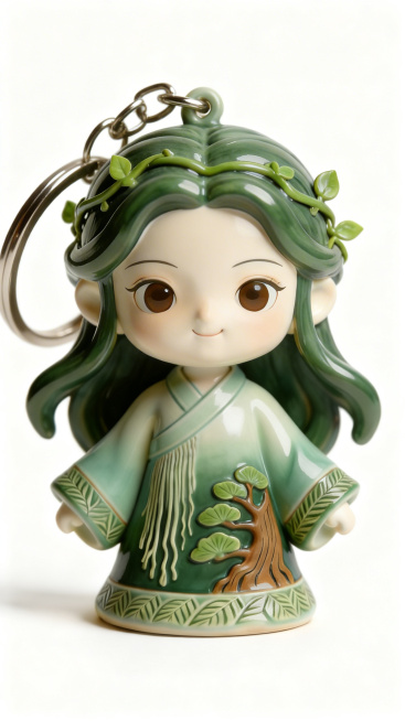 基于这个国风绿色陶瓷娃娃盲盒IP，设计周边产品：钥匙扣，保留IP形象特征：绿发配藤蔓发饰、迎客松汉服，清新自然风格，白背景，产品展示图预览效果
