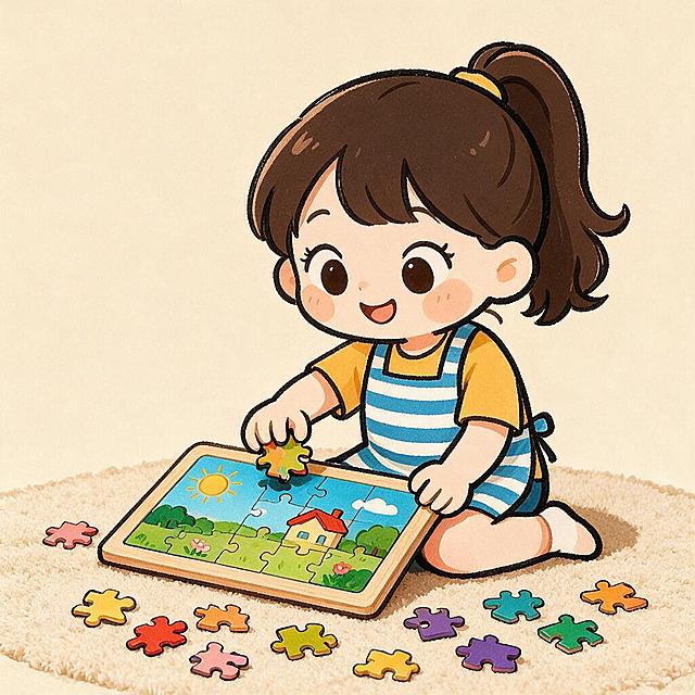 保持女孩的造型不变：棕色马尾辫、黄色发圈、圆圆的大眼睛、可爱的卡通画风、粗黑描边。女孩坐在地毯上拼拼图，专注地用手拿着拼图块往拼图板上放，地毯上散落着一些彩色拼图块，表情认真又开心。纯色米黄色背景，整体风格与参考图一致的可爱涂鸦插画风格