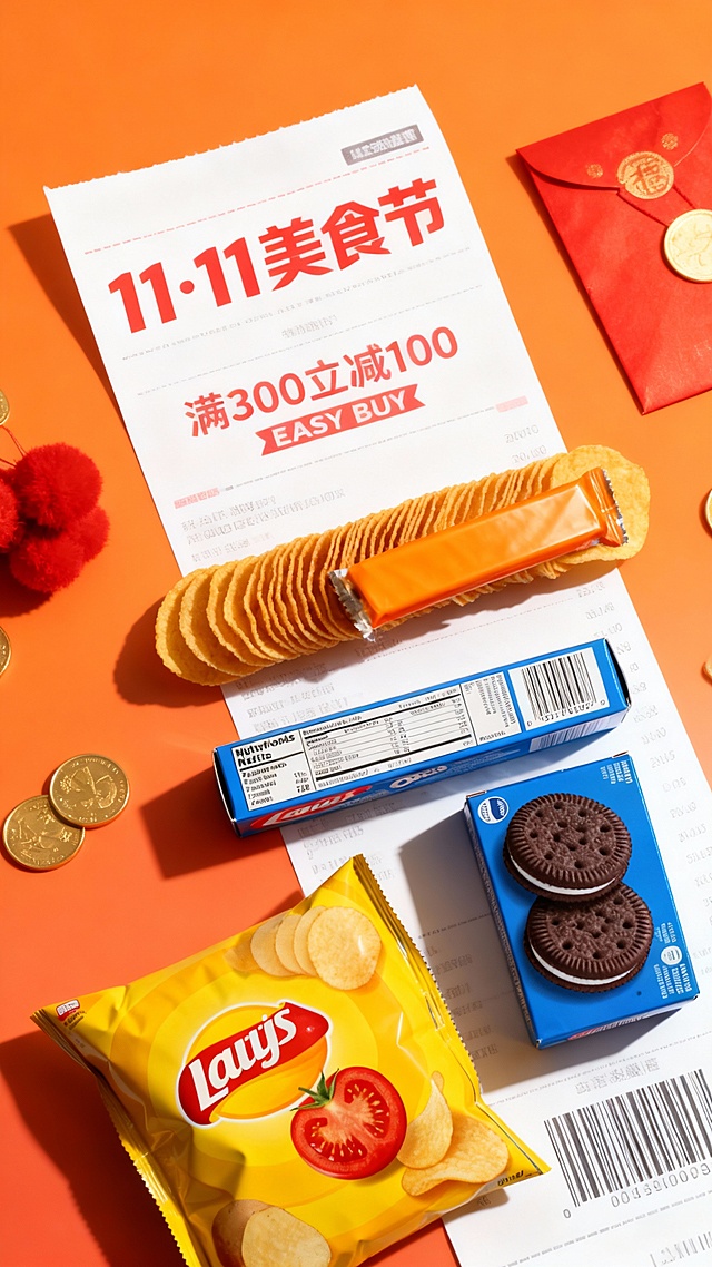 背景是一张大型长条购物小票，主体压着购物小票，小票上主标题为红字“11·11 美食节”，副标题为“满300立减100”，“EASY BUY”，金色硬币、红色毛绒球、红包等元素点缀，渐变橙色调购物氛围。