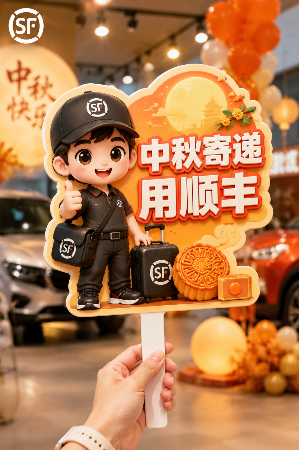 设计一个异形手举牌（3D卡通C4D风格，非长方形）：牌子主体是… - 图片创意预览