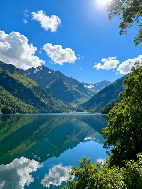 超高清摄影，明亮通透的自然风景，远处层叠的不同形态的远山背景，山顶覆盖少量积雪，山体披覆翠绿植被，山脚下是平静如镜的宽阔湖面，湖水呈现深蓝绿色并清晰倒映湛蓝天空与连绵山脉，前景右侧有茂密的绿色树木，画预览效果