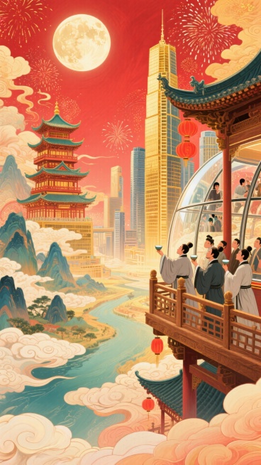 一侧，古代木质观景台，古代文人聚此，举着酒樽、凭栏望圆月、山河；另一侧，现代摩天楼高空观景舱，现代游客透过全景玻璃，赏烟花，背景古楼阁与城市高楼相融合，明月照。整体画面充斥着华丽的金色和喜庆的红色，奇预览效果