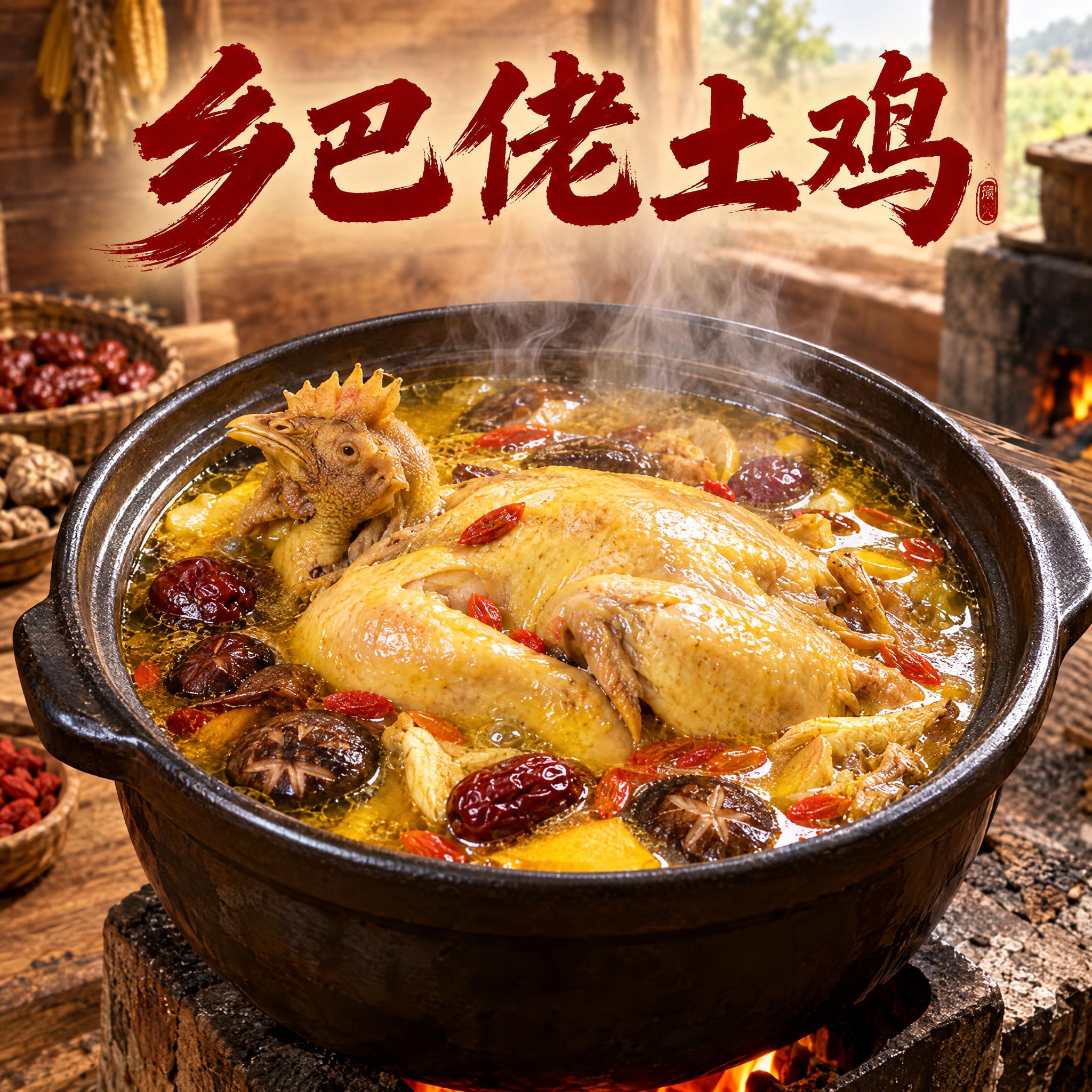 写实风格美食头像，画面中心是一锅热气腾腾的土鸡煲，金黄色的鸡汤… - 图片创意预览