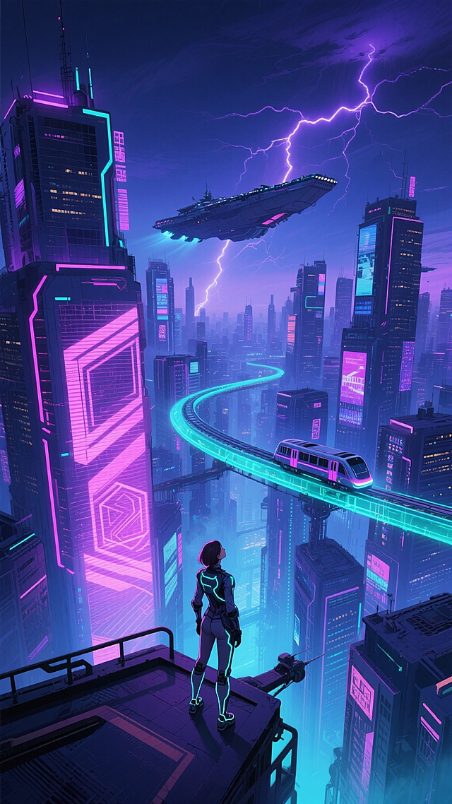 赛博朋克风格插画，俯瞰视角下的未来都市夜景，以深邃蓝紫色为基调，点缀明亮的霓虹粉与青色光效，无数高耸入云的摩天大楼表面布满发光的广告屏与霓虹灯管，城市中央新增一条流光溢彩的空中磁悬浮轨道穿梭于楼宇之间，轨道上行驶着造型前卫的悬浮列车，画面左下角加入一座巨型全息投影塔正投射出动态的抽象几何图案，一名身着带有发光线条装饰的机能风服饰的女性角色站在高楼边缘的飞行器停机坪上，抬头仰望天空中缓缓飘过的一艘巨大浮空母舰，城市上空弥漫着淡淡的光雾，远处天际线有紫色闪电划破夜空，整体光影对比强烈，细节丰富的赛博朋克元素充满未来科技感与都市疏离感。
