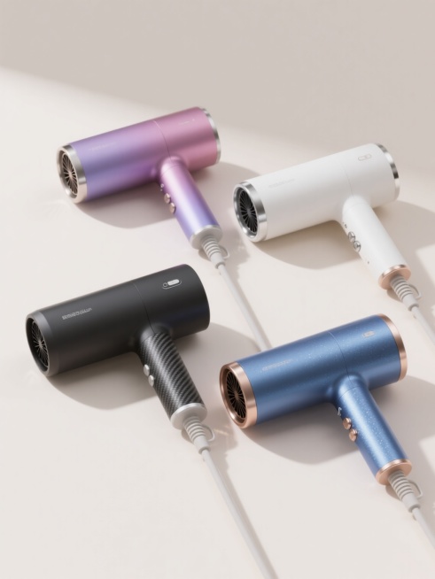 一组4个不同配色、不同样式、不同材质的吹风机造型，符合现实逻辑，采用上下两行对齐排列的构图方式。整体呈现现代简约的产品渲染风格，浅色背景干净纯粹，突出主体。每个吹风机均具有光滑的曲面机身和金属质感的细节部件，光影过渡自然柔和，高光与阴影的处理细腻，展现出高品质的产品质感。第一个吹风机为渐变粉紫色，第二个为磨砂白色搭配银色装饰，第三个为哑光黑色带有碳纤维纹理，第四个为珠光蓝色并带有细微的金属闪光……预览效果