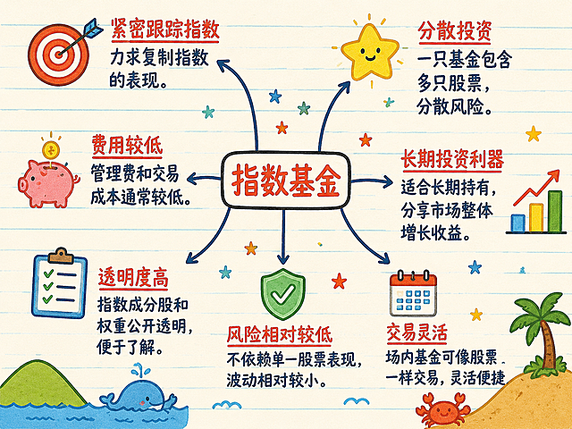 完全参照附图的卡通手绘笔记风格，生成介绍指数基金主要特点的思维导图，中心主题为"指数基金"，保留可爱的小插画装饰，手写字体风格，横格笔记本背景