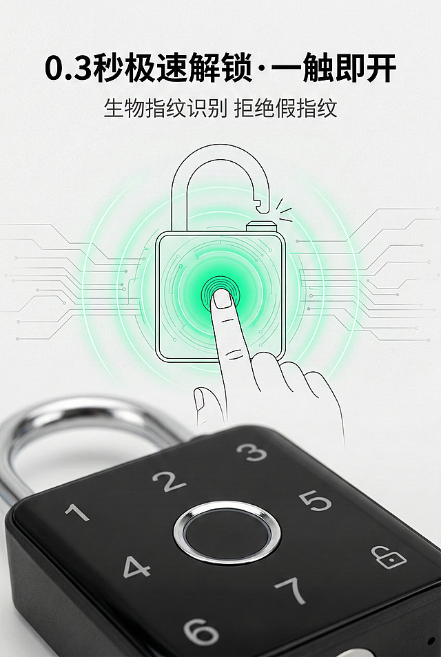2:3竖屏，电商详情图，杂志风创意排版，科技感可视化设计，整体风格与前两屏统一。严格还原上传的产品图，包括包装设计、颜色、LOGO位置、文字内容、图案元素等所有细节；产品外观必须与参考图完全一致，不得改变包装设计、配色方案或品牌元素；保持产品的真实材质质感（哑光/高光/磨砂/金属等）。画面采用上中下分层布局，顶部文字区，中部功能可视化区，底部产品特写区。主标题（顶部居中，加粗无衬线字体，黑色#000000）：「0.3秒极速解锁·一触即开」，副标题（主标题下方，纤细无衬线字体，深灰#444444）：「生物指纹识别 拒绝假指纹」。中部为指纹识别动态可视化效果，从手指触碰锁体指纹区到绿色解锁光效(#00FF99)扩散的动态示意图，极简线条呈现。底部为产品指纹区特写，严格还原产品细节，哑光黑锁体与银色指纹圈质感清晰。背景为浅灰(#F5F5F5)，点缀科技感光效线条，中文文字统一为思源黑体无衬线字体，排版层次分明，卖点可视化突出。